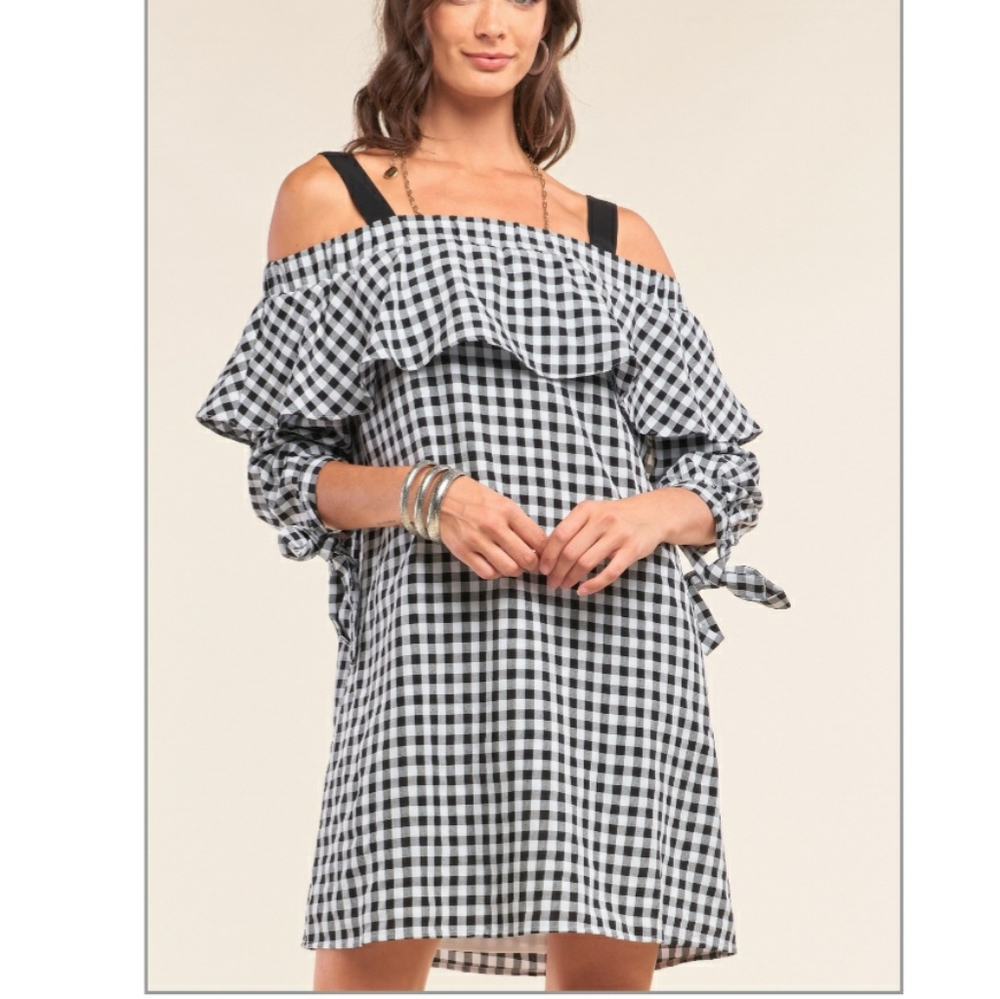 Gingham Ruffle Off Shoulder Dress